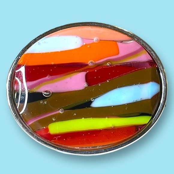 Multicolored Art Glass Belt Buckle Avant-Garde Silver Tone - Picture 1 of 5